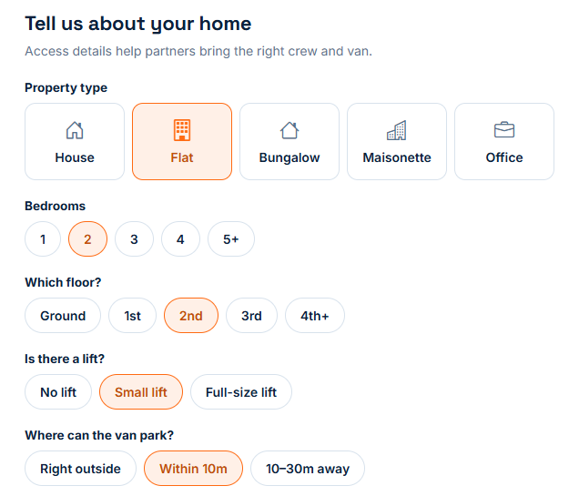 The AnQ new-move form asking about your home: property type, bedrooms, floor, lift and where the van can park.