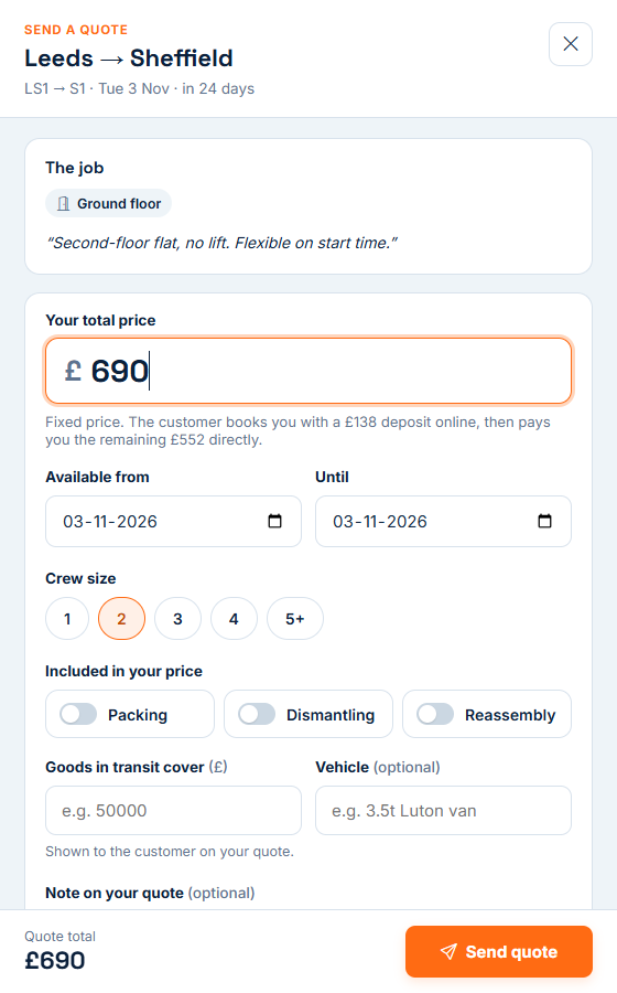 The Send a quote panel with total price, dates, crew size and what's included.