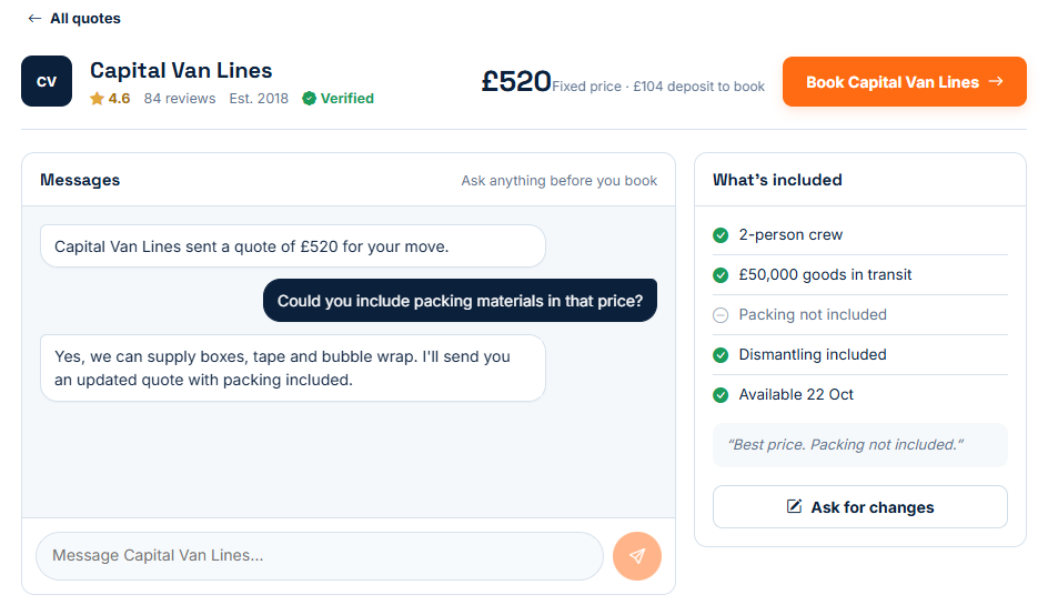 A single quote in AnQ with a Book button, a message thread with the Moving Partner and a list of what's included.